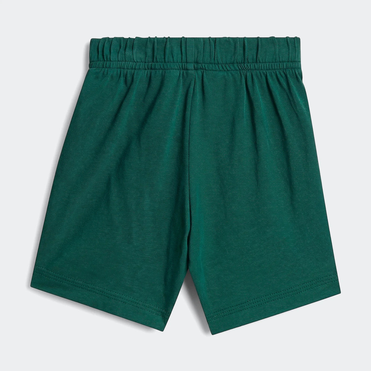 Essentials Tee Set Kids green shorts with elastic waistband and clean hem; close-up of waistband.