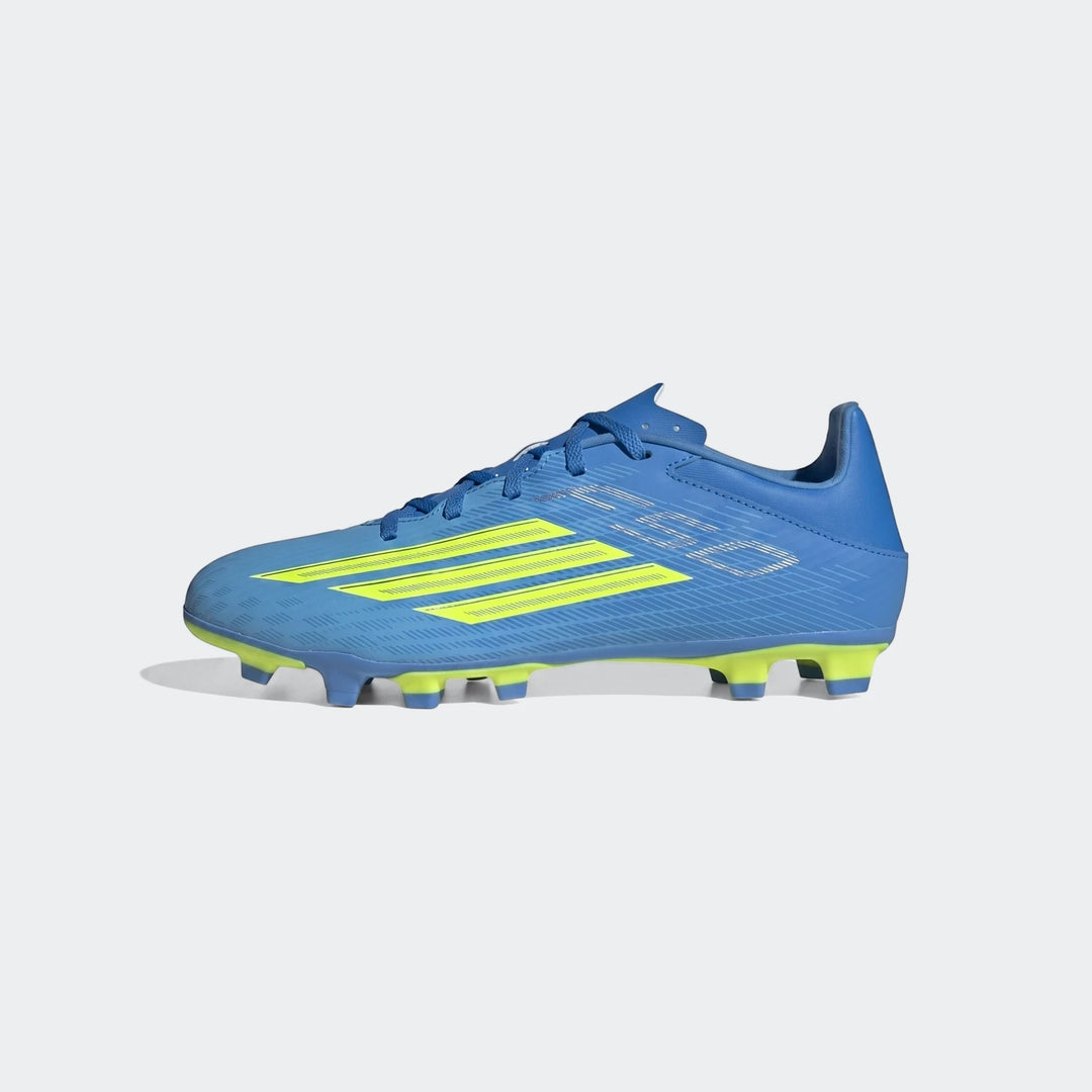 Blue and neon yellow Adidas F50 Club Firm Ground / Multi Ground Football Boots, side view.