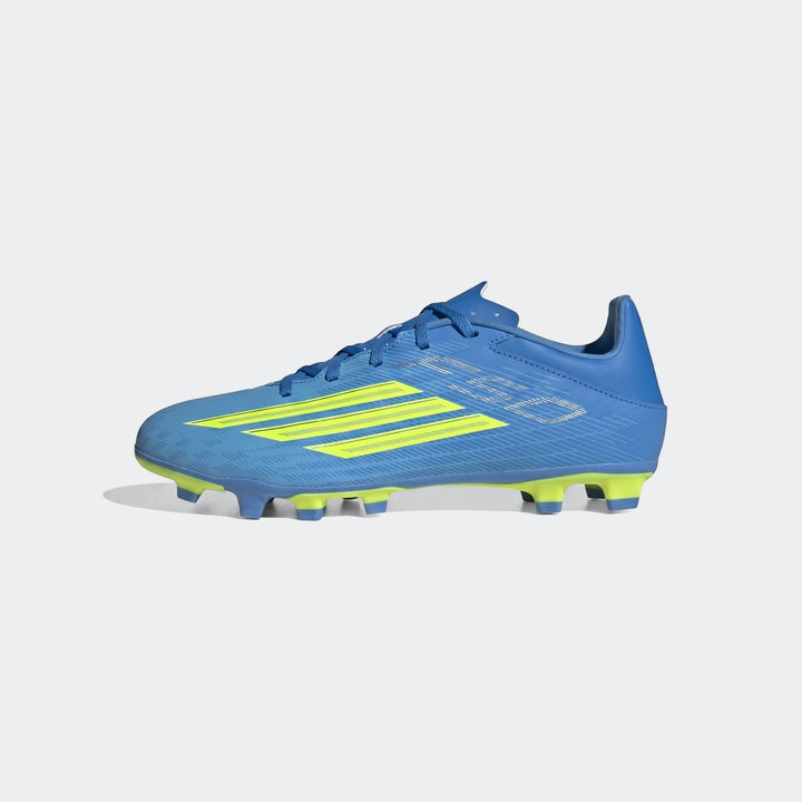 Blue and neon yellow Adidas F50 Club Firm Ground / Multi Ground Football Boots, side view.