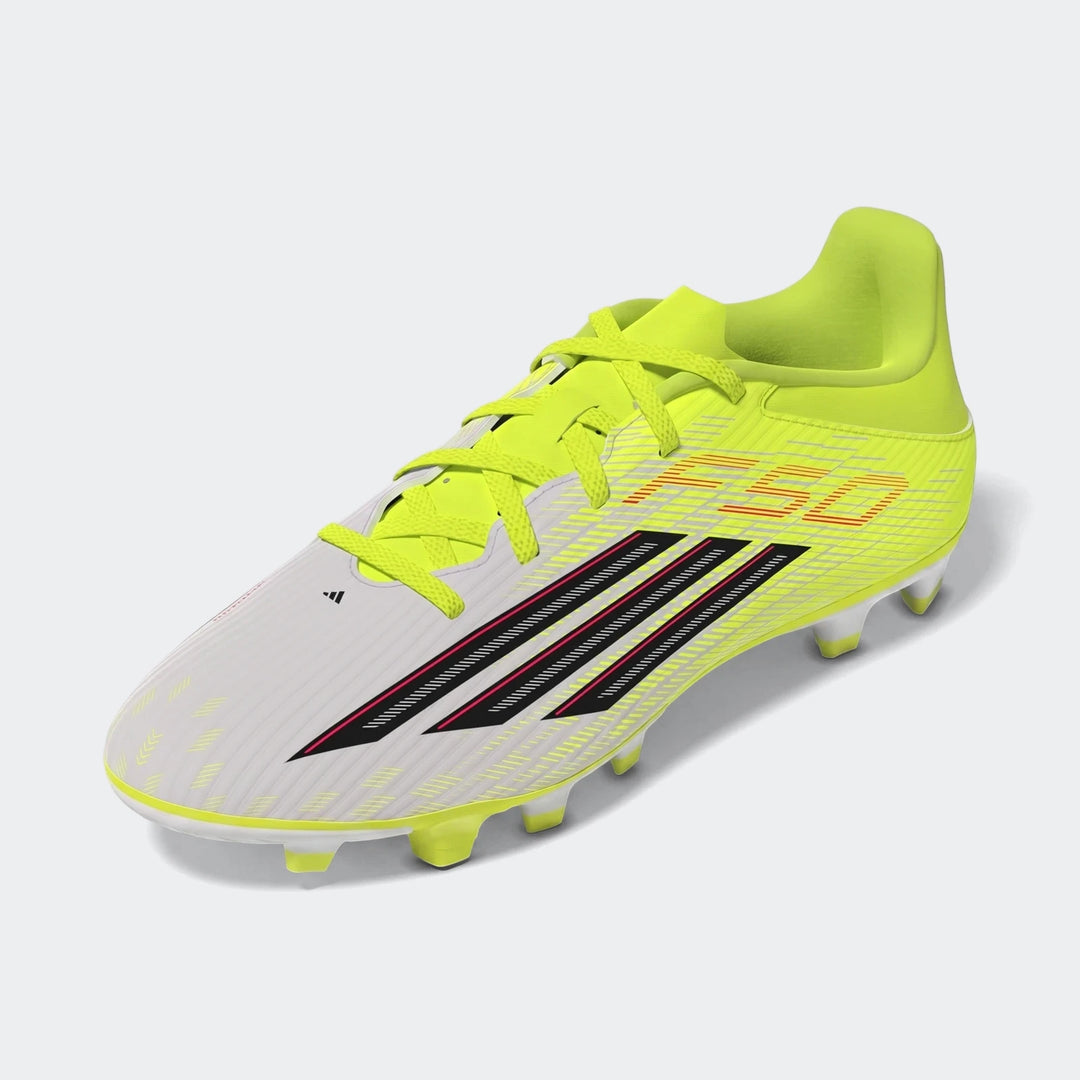 A single F50 Club Firm Ground / Multi Ground Football Boot in white, neon yellow, black, and red, viewed from a 3/4 angle.