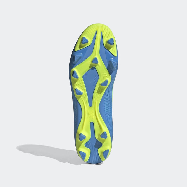 Blue and neon yellow Adidas F50 Club Firm Ground/Multi Ground football boots, viewed from the sole showing cleats.