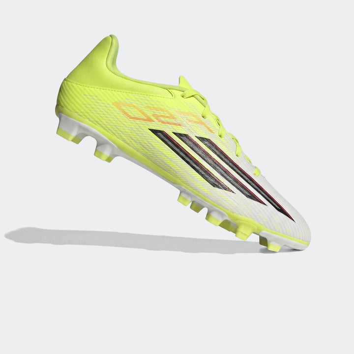 White and volt F50 Club Firm Ground / Multi Ground Football Boots, with black Adidas stripes and yellow-green laces, shown
