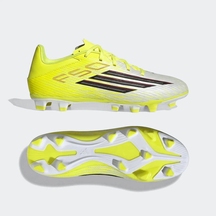 F50 Club Firm Ground / Multi Ground Football Boots in bright yellow, white, and black, shown from side and sole views.