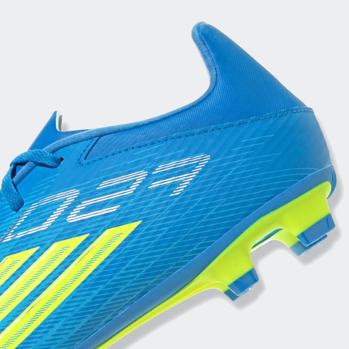 Close-up of a blue and neon yellow F50 Club Firm Ground / Multi Ground Football Boot, showcasing the textured upper and