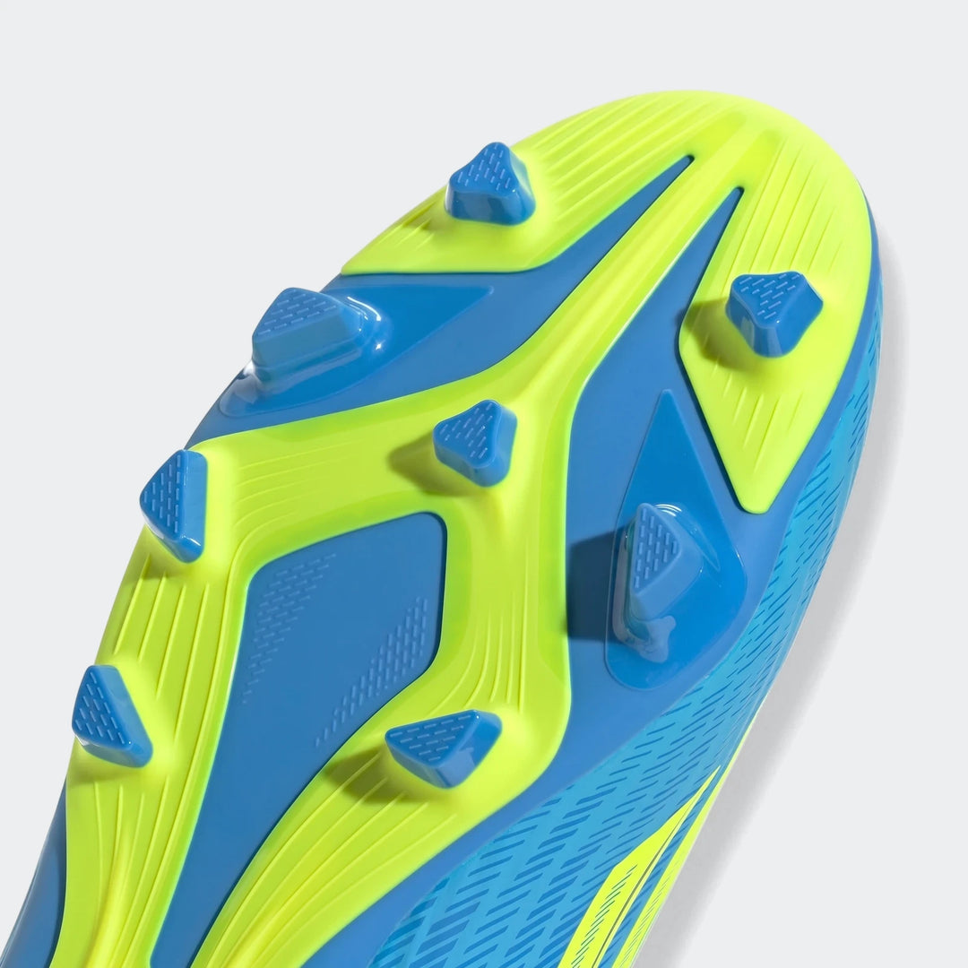 Close-up view of the sole of an F50 Club Firm Ground / Multi Ground Football Boot, featuring vibrant blue and neon yellow