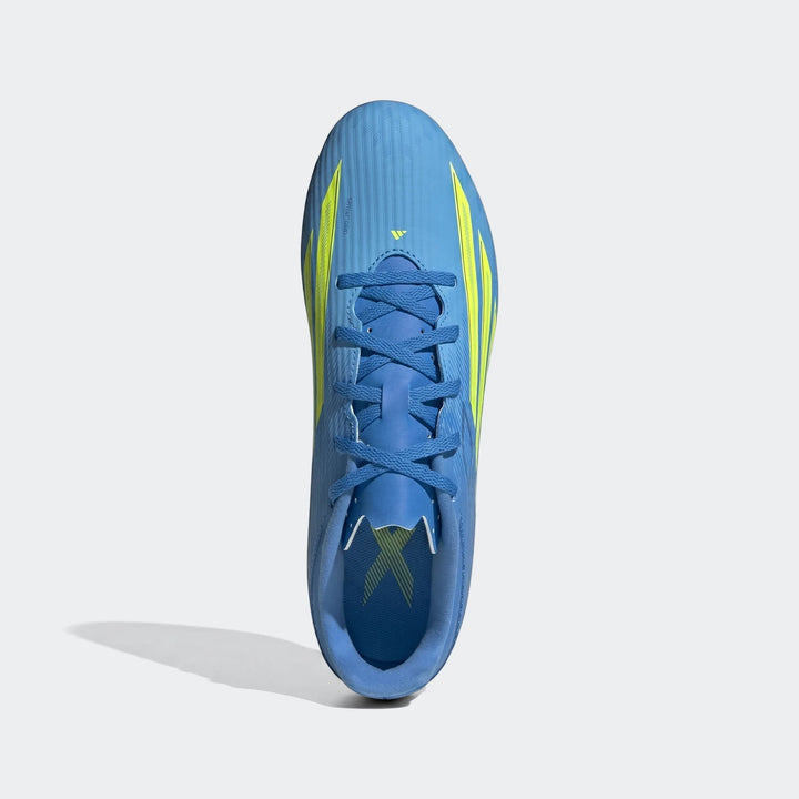 F50 Club Firm Ground / Multi Ground Football Boots in blue and neon yellow, shown from a top-down view.