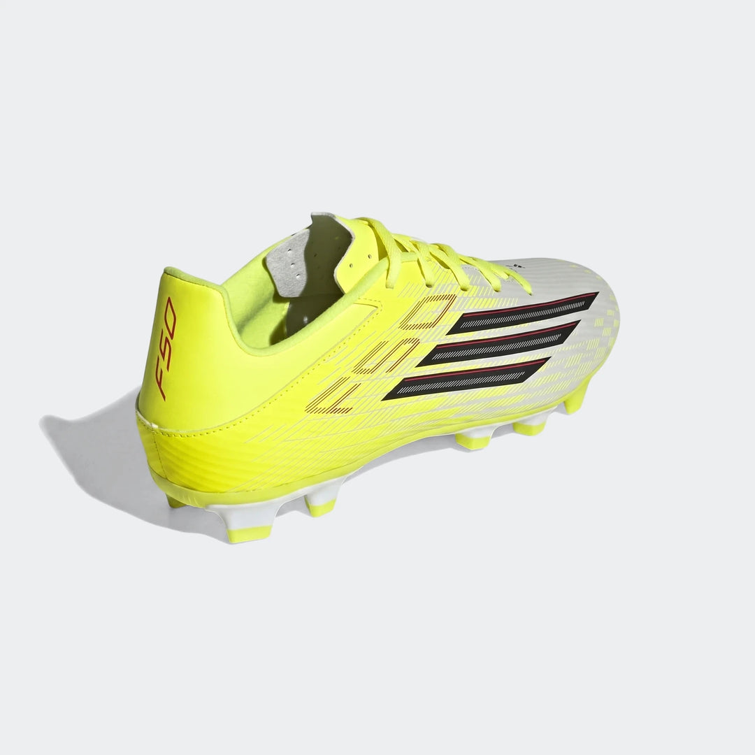 F50 Club Firm Ground / Multi Ground Football Boots in neon yellow, white, and black, shown from a rear-quarter view.