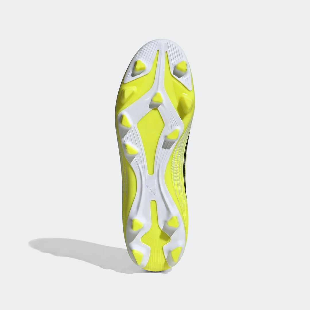 F50 Club Firm Ground / Multi Ground Football Boots, showing the neon yellow and white studded sole from an overhead view.