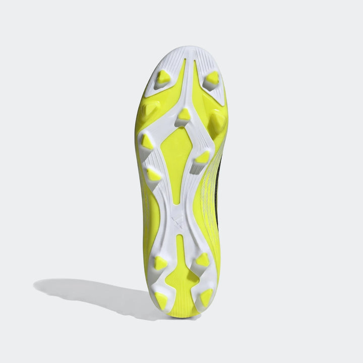 F50 Club Firm Ground / Multi Ground Football Boots, showing the neon yellow and white studded sole from an overhead view.