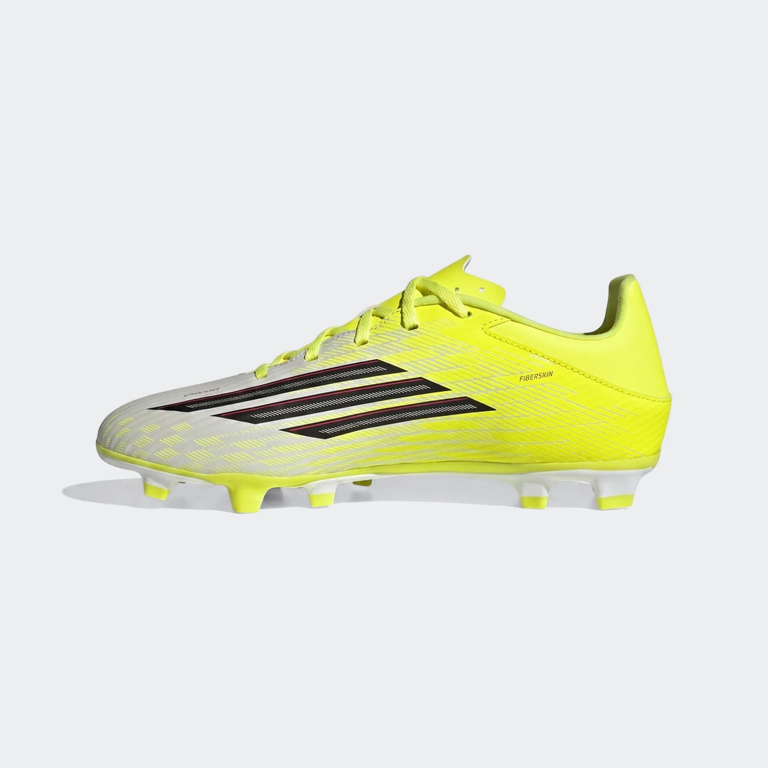 Bright yellow and white Adidas F50 Club Firm Ground / Multi Ground Football Boots with black stripes, side view.