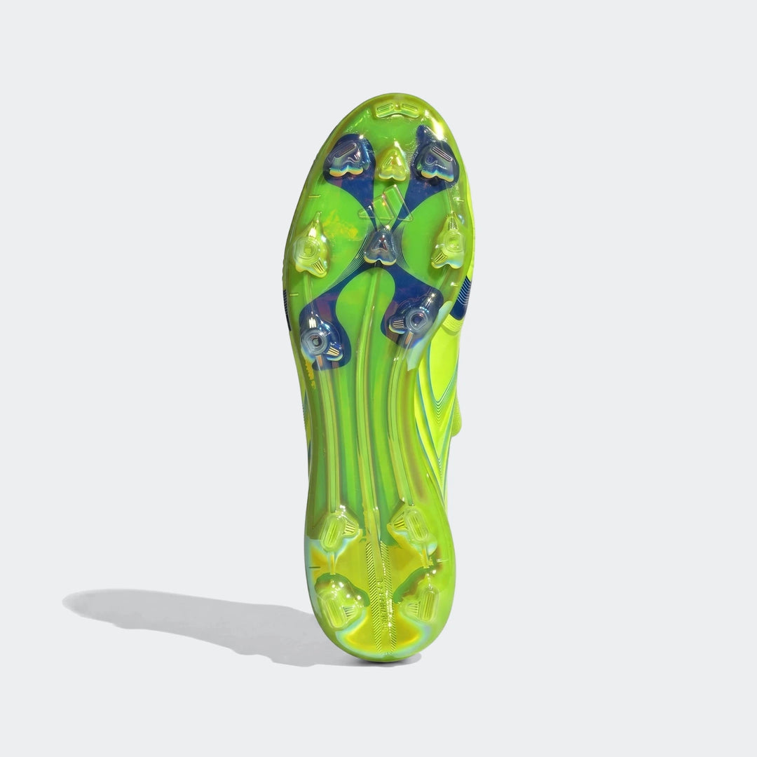 F50 Elite Fg Tunit Football Boots, neon green and blue, showing the sole with firm ground studs.
