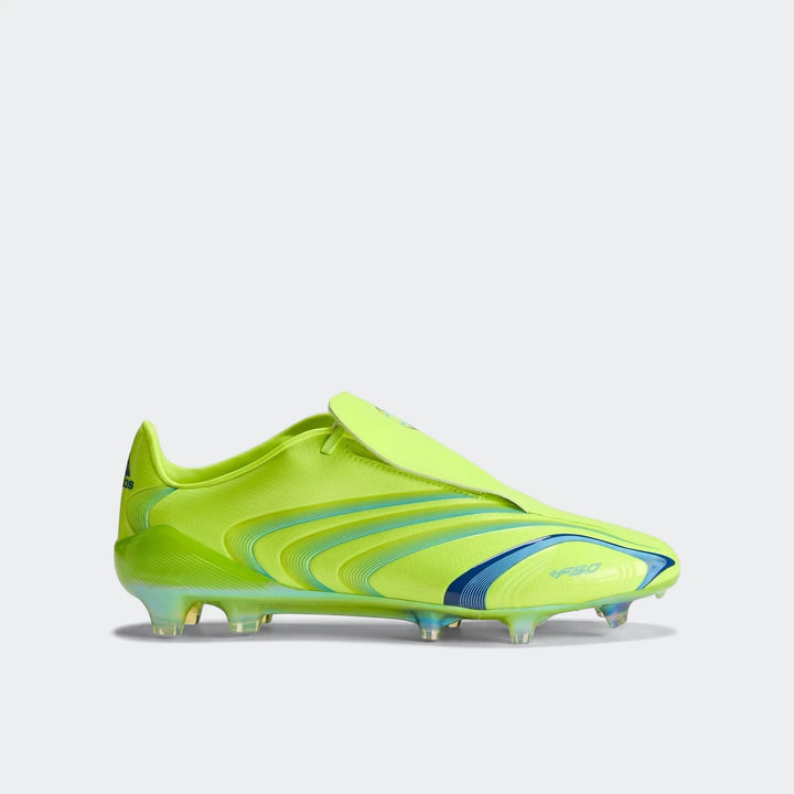 F50 Elite Fg Tunit Football Boots in bright neon yellow-green with blue accents, side view.