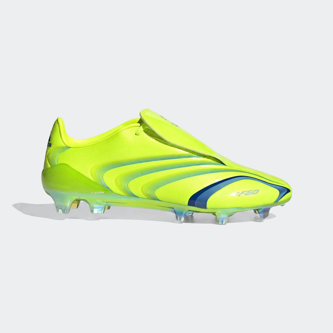 F50 Elite Fg Tunit Football Boots in neon yellow with blue accents, shown in a side profile view.
