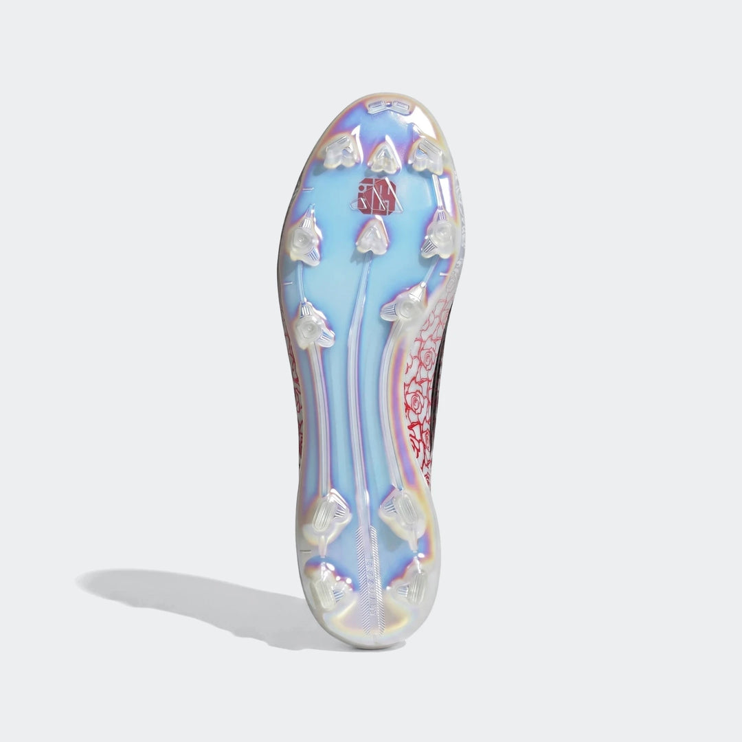 F50 Elite Ll Fg Lamine Yamal Football Boots showcasing the iridescent sole and red patterned upper, bottom view.