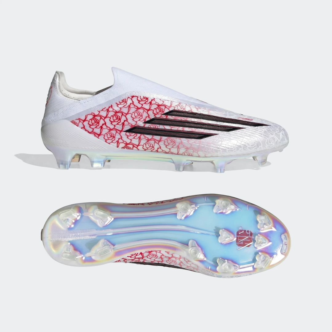 F50 Elite Ll Fg Lamine Yamal Football Boots, white with red rose pattern, black stripes, and iridescent sole, shown from