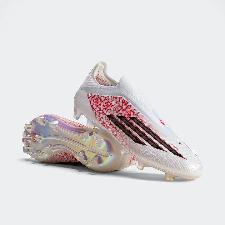 White F50 Elite Ll Fg Lamine Yamal football boots with red rose pattern and iridescent soles