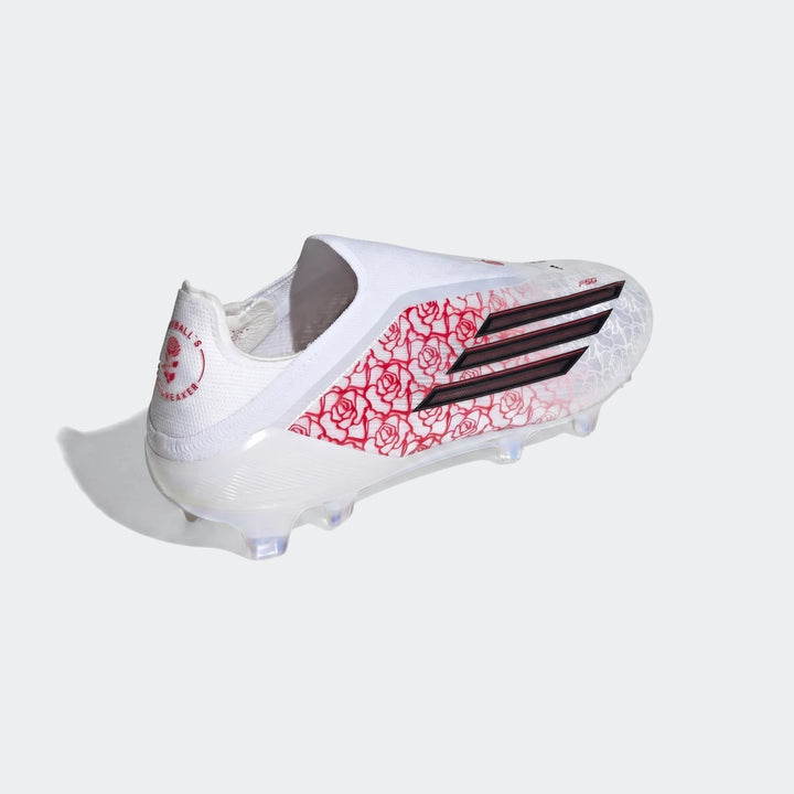 White Adidas F50 Elite LL FG Lamine Yamal football boot with red rose pattern, visible from a side-rear angle.