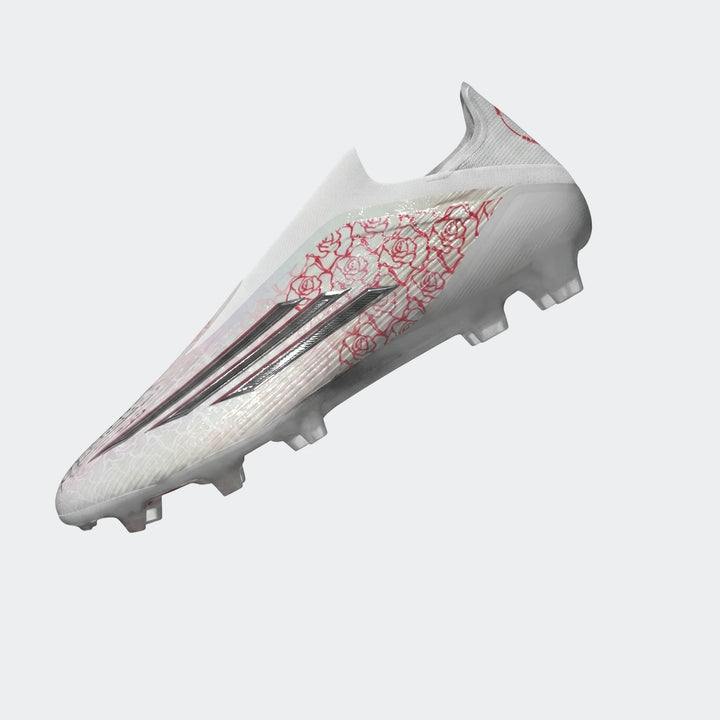 White Adidas F50 Elite Ll Fg Lamine Yamal Football Boots with a distinctive red rose pattern on the side, displayed in a