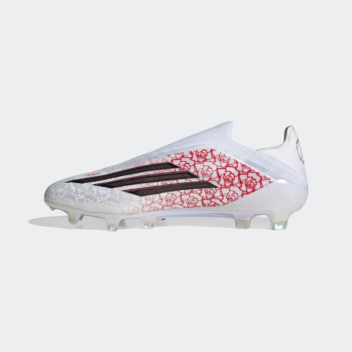 White Adidas F50 Elite Ll Fg Lamine Yamal football boot with red rose pattern and black stripes, shown from a side view.
