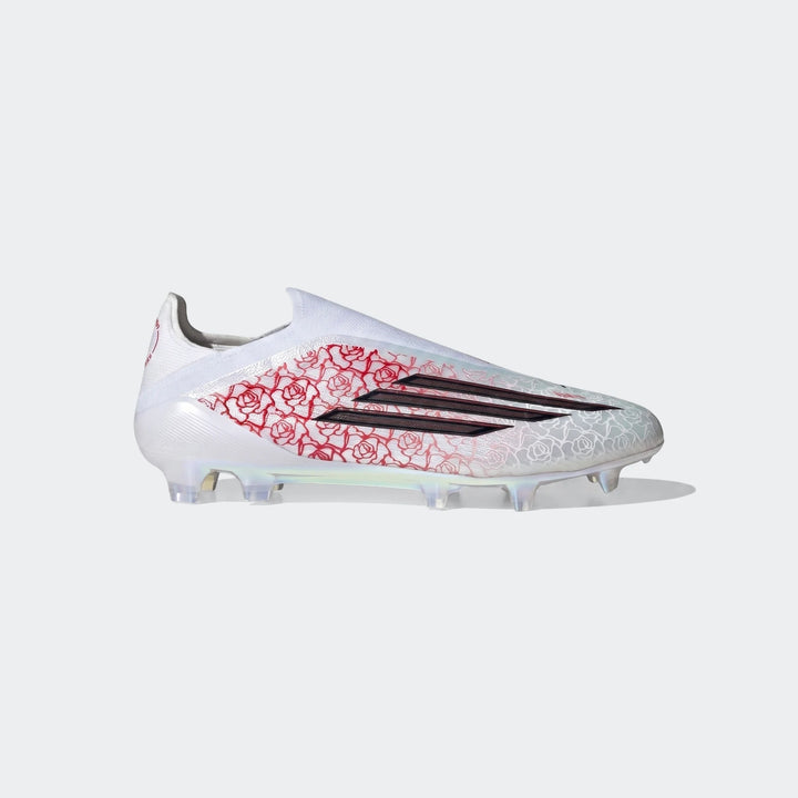 White Adidas F50 Elite Ll Fg Lamine Yamal football boots featuring a striking red rose pattern, viewed from the side.