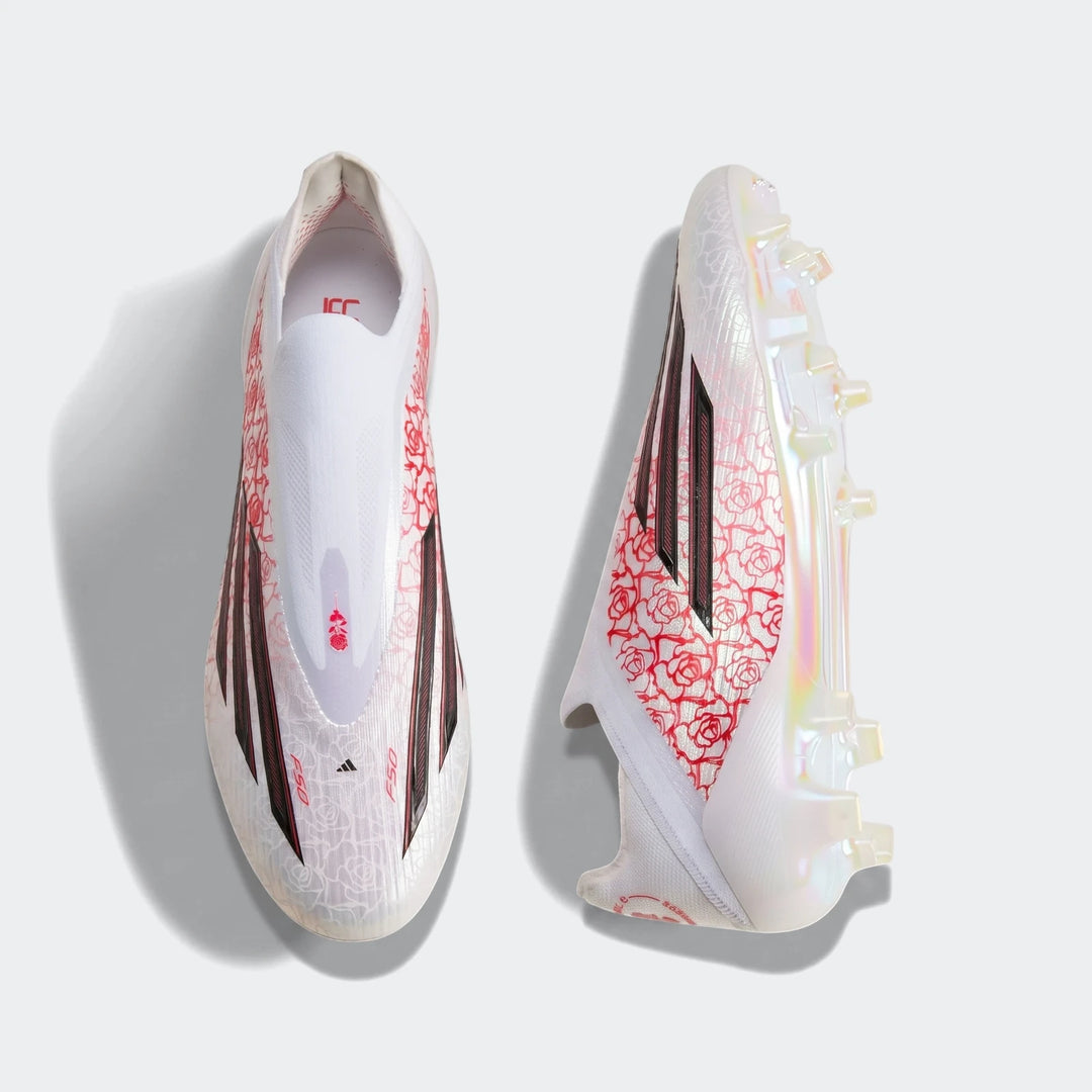 Pair of white Adidas F50 Elite LL FG Lamine Yamal football boots with red rose pattern, black stripes, and iridescent sole,