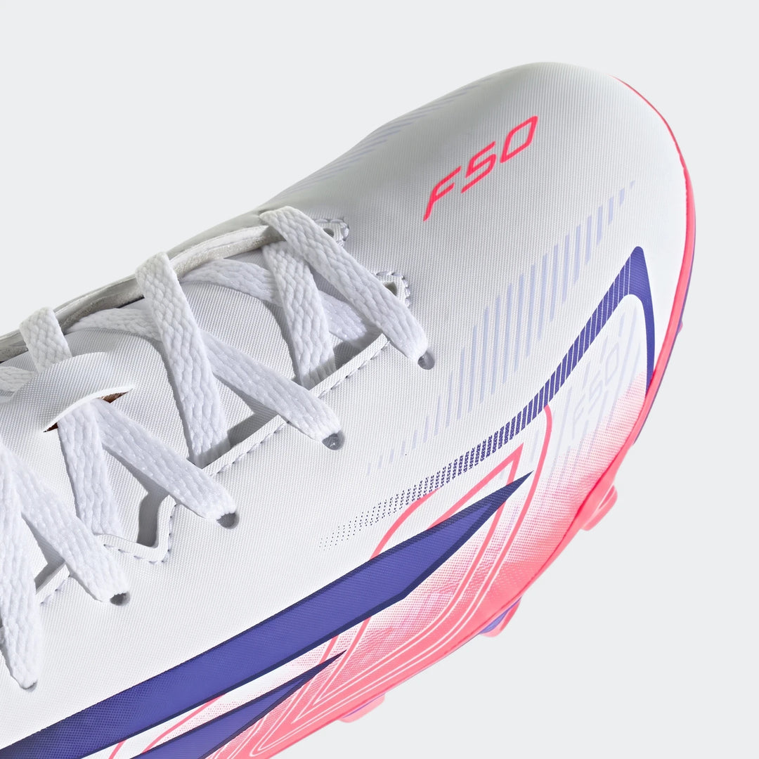 Close-up of a white F50 Hyperfast Club kids' football boot with pink and purple accents and white laces.