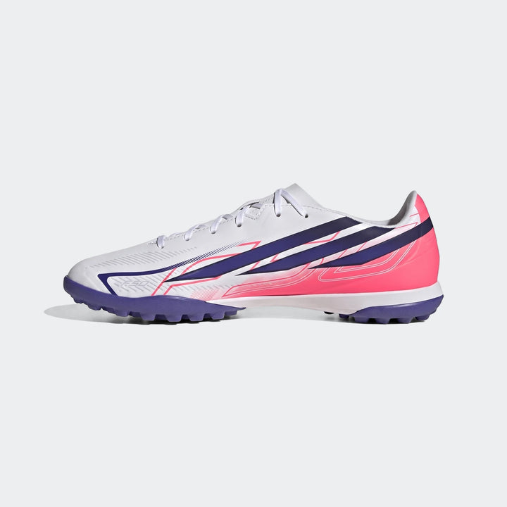 White, navy, and pink Adidas F50 Hyperfast Club Turf Football Shoes, shown in a lateral view.