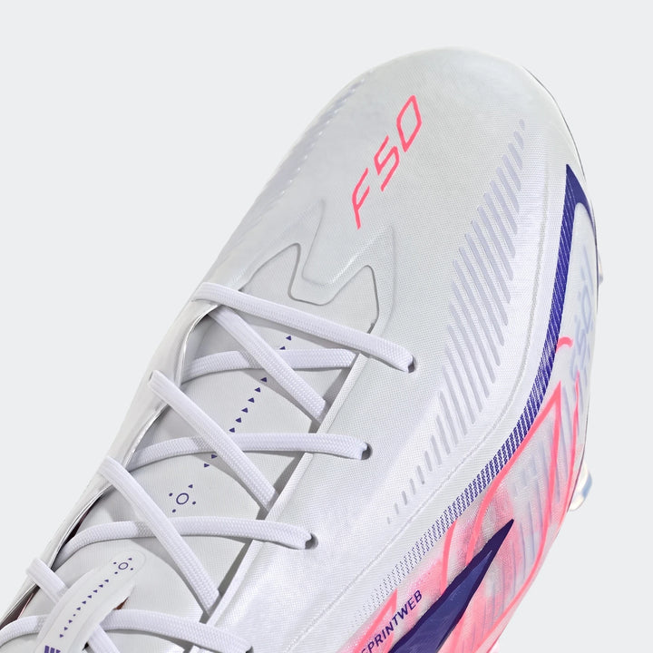White Adidas F50 Hyperfast Elite Firm Ground Football Boot with pink F50 logo and white laces, shown in a close-up view.