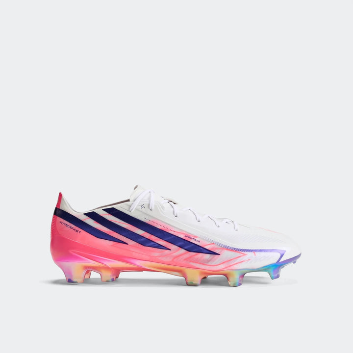 White F50 Hyperfast Elite Firm Ground Football Boots with pink and blue accents, showcasing an iridescent sole from a