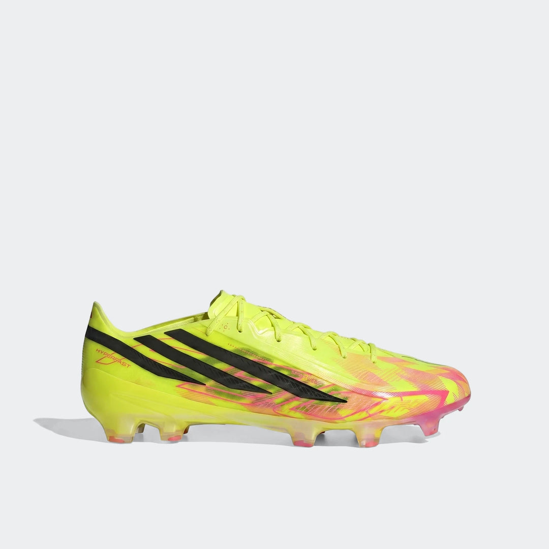Bright neon yellow and pink F50 Hyperfast Elite Firm Ground Football Boot, featuring black stripes on the side.