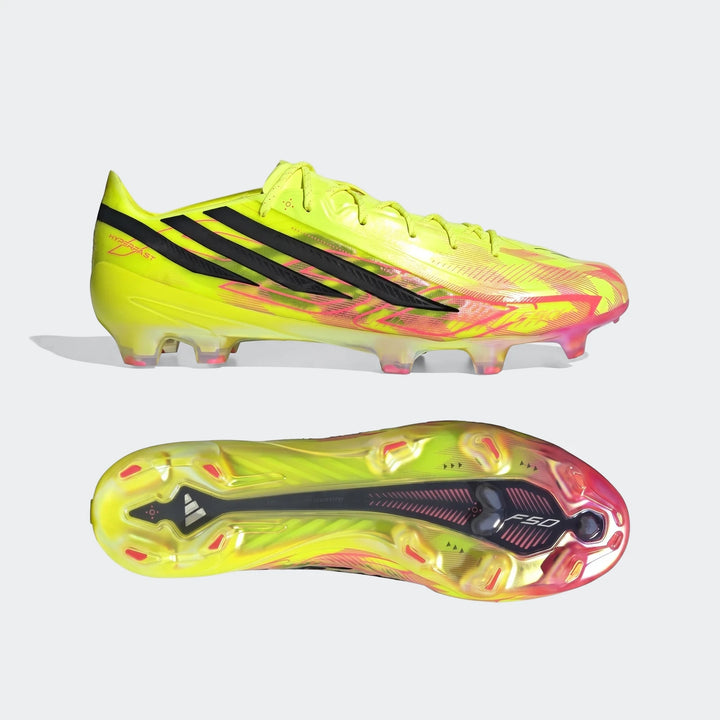 F50 Hyperfast Elite Firm Ground Football Boots in vibrant neon yellow with pink accents and black stripes, shown from the