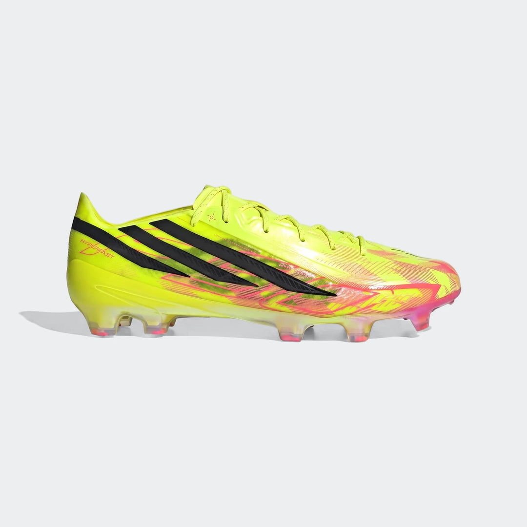 F50 Hyperfast Elite Firm Ground Football Boots in neon yellow, black, and pink, shown from a side view.