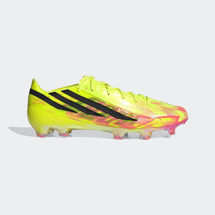 F50 Hyperfast Elite Firm Ground Football Boots in neon yellow, black, and pink, shown from a side view.