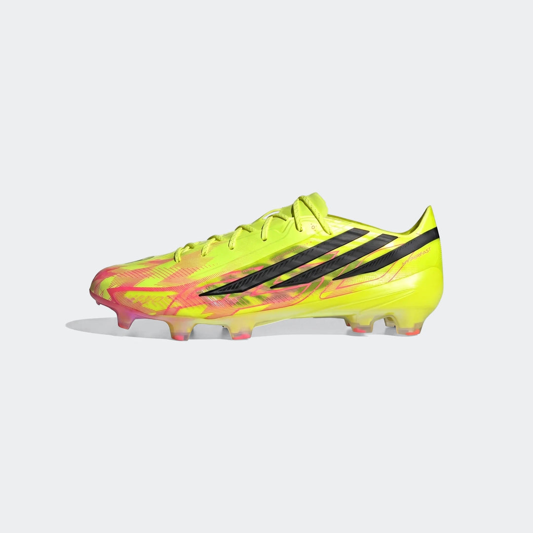 F50 Hyperfast Elite Firm Ground Football Boots, neon yellow with pink and black details, shown from a side view.