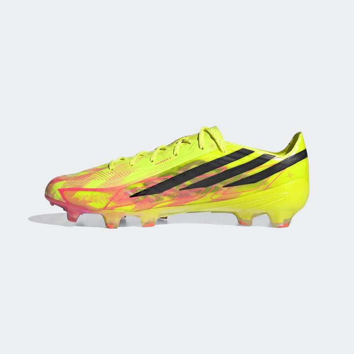 F50 Hyperfast Elite Firm Ground Football Boots in vibrant neon yellow with pink accents and black stripes, shown in a side