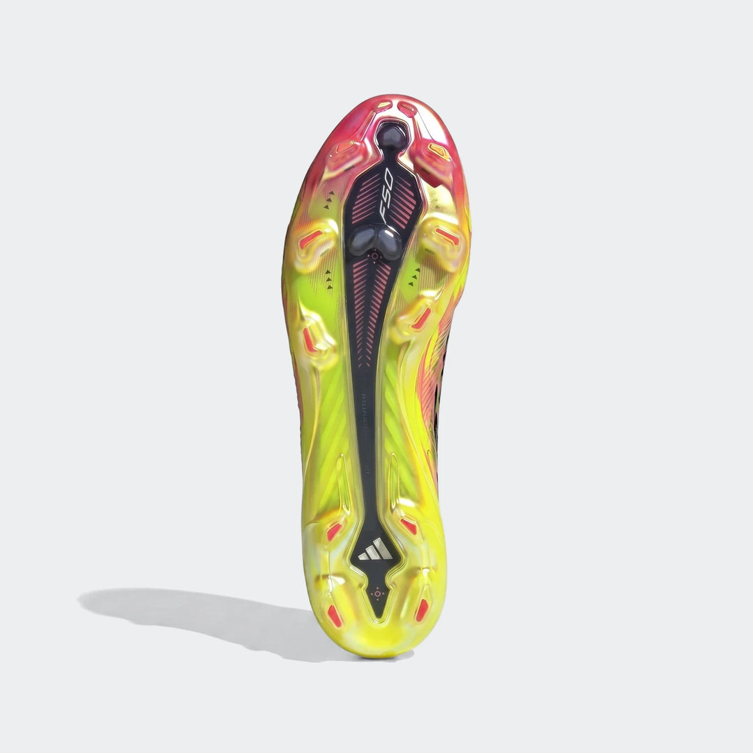 F50 Hyperfast Elite Firm Ground Football Boots, showcasing the vibrant yellow, red, and black sole with intricate stud