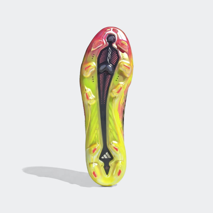 F50 Hyperfast Elite Firm Ground Football Boots, showcasing the vibrant yellow, red, and black sole with intricate stud