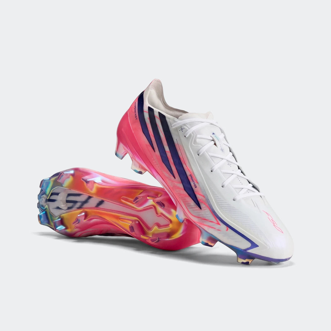 Pair of F50 Hyperfast Elite Firm Ground Football Boots in white with pink and blue iridescent accents, angled view.