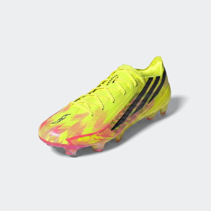 F50 Hyperfast Elite Firm Ground Football Boots in bright yellow and pink with black stripes, displayed in an angled view.