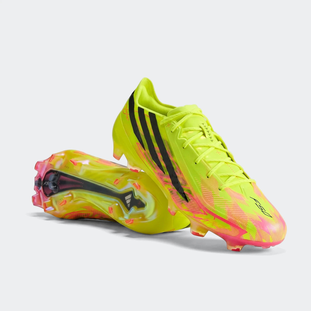 F50 Hyperfast Elite Firm Ground Football Boots in vibrant yellow and pink, showcasing Adidas branding and cleat details.
