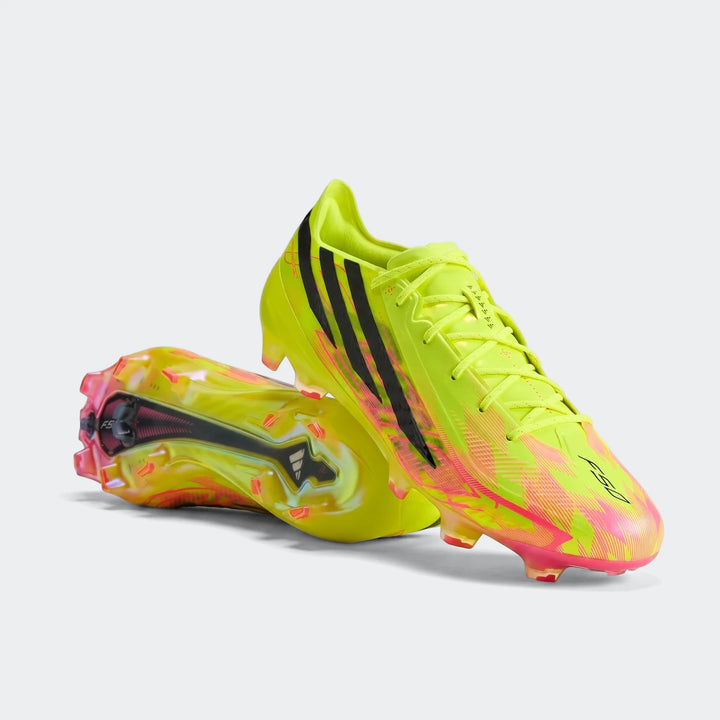 F50 Hyperfast Elite Firm Ground Football Boots in vibrant yellow and pink, showcasing Adidas branding and cleat details.