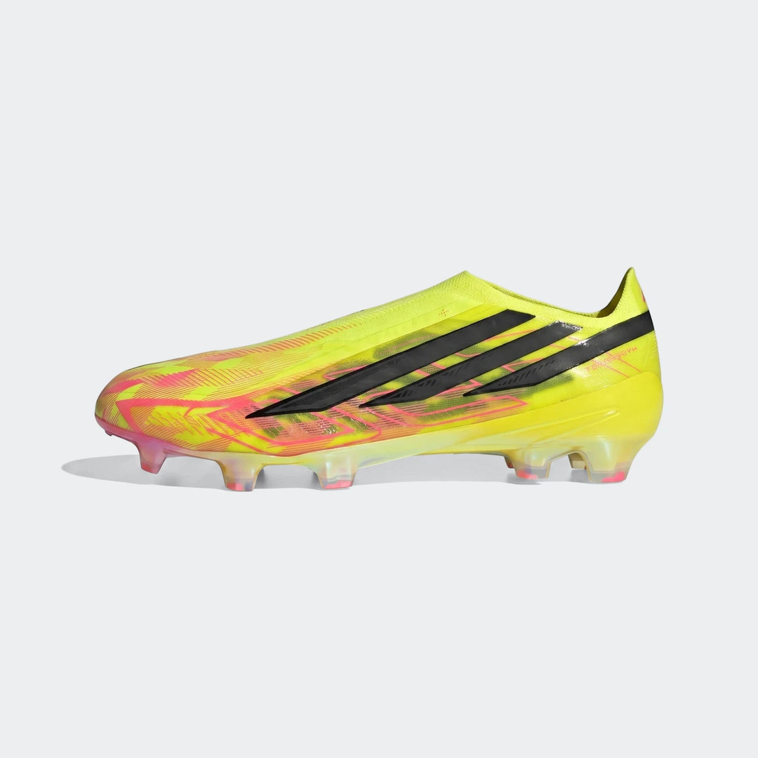A single F50 Hyperfast Elite Laceless Firm Ground Boot, featuring neon yellow, black, and pink accents, in a side view.