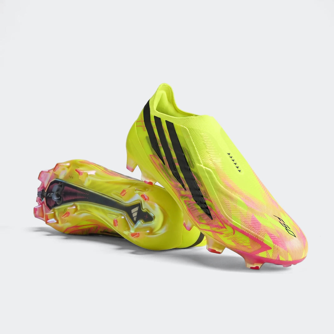 Pair of F50 Hyperfast Elite Laceless Firm Ground Boots in neon yellow-green with pink and black details, designed for firm