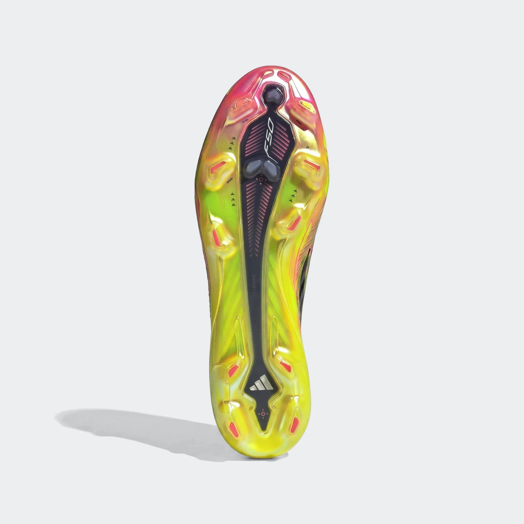 F50 Hyperfast Elite Laceless Firm Ground Boots sole, featuring vibrant yellow, pink, and black colors, showcasing the cleat