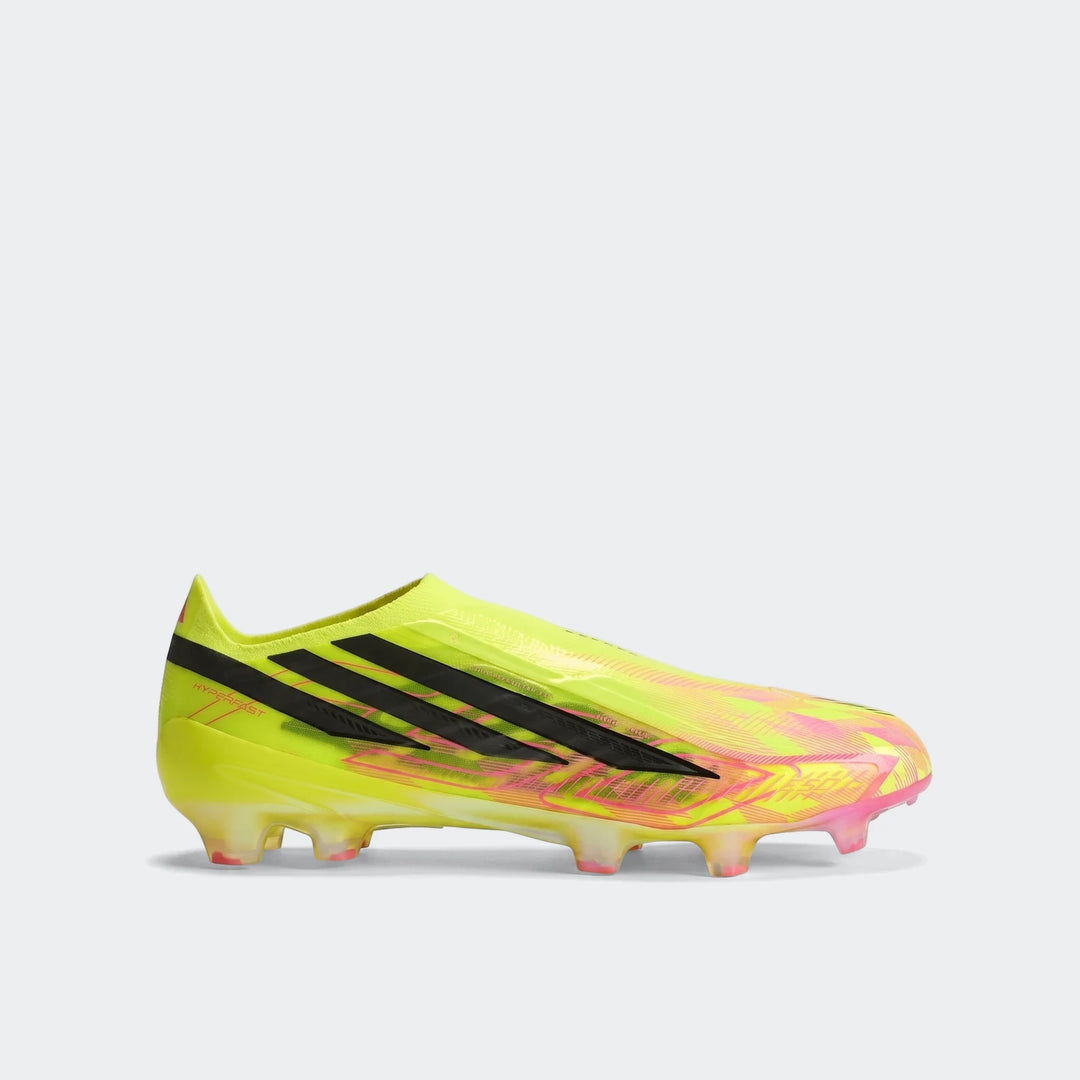 Bright yellow and pink F50 Hyperfast Elite Laceless Firm Ground Boots, side view, featuring a textured upper and Adidas