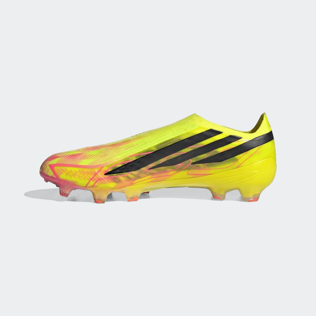F50 Hyperfast Elite Laceless Firm Ground Boots in vibrant yellow and pink, showcasing the full boot from a side view.