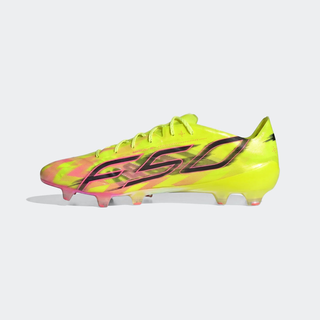 Neon yellow and pink Adidas F50 Hyperfast Evo firm ground football boot, featuring black F50 branding, side view.