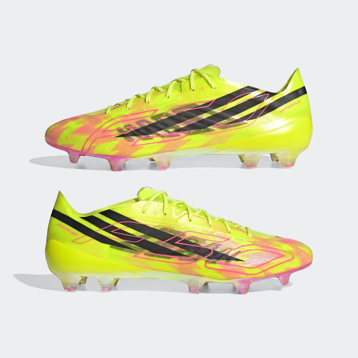 Fluorescent yellow F50 Hyperfast Evo Firm Ground Football Boots with black stripes and pink accents, shown in a side view as