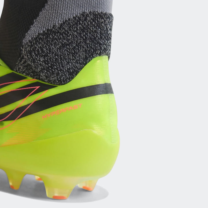 Close-up back view of F50 Hyperfast Evo Firm Ground Football Boots in neon green with black and pink accents.