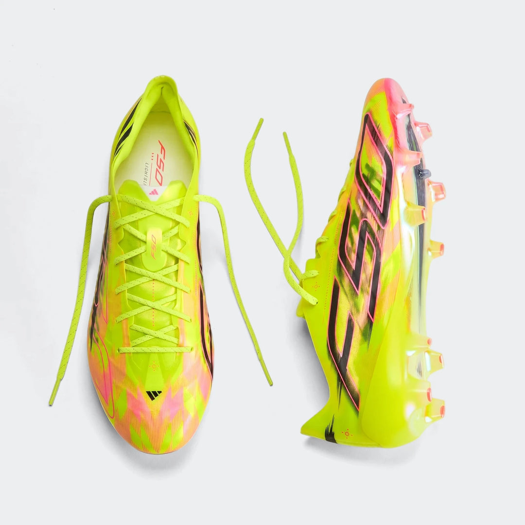 F50 Hyperfast Evo Firm Ground Football Boots in neon yellow-green and pink, featuring black F50 branding and untied laces.